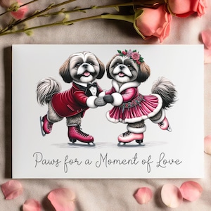Spersonalizowana kartka walentynkowa z okazji rocznicy Shih Tzu dla miłośników psów Słodka para na łyżwach z niestandardowym tekstem lub pustym wnętrzem