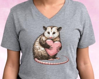 Cute Possum with Pink Heart Shirt, Funny Opossum T-shirt for Animal Lovers, Possumcore Tee, Crewneck of V-Neck Styles, Benefits Nonprofit