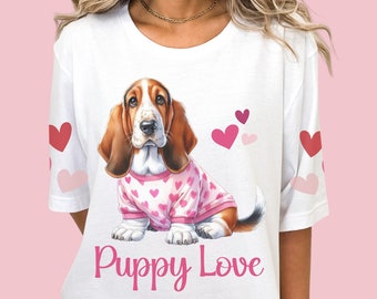 Basset Hound Sleepshirt, Puppy Love Nightshirt, Valentine Gift Dog Mom Girlfriend, Cute Nightgown, Galentine&#39;s Shirt, Dog PJ, Basset Shirt