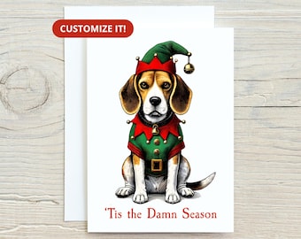 Custom Beagle Christmas Card Funny Grumpy Dog Elf 'Tis the Damn Season Pets with Personalized Holiday Greeting in Any Breed, Benefits Rescue
