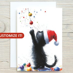 Personalisierte Katzen-Weihnachtskarten mit einer schwarzen Katze mit Ornamenten