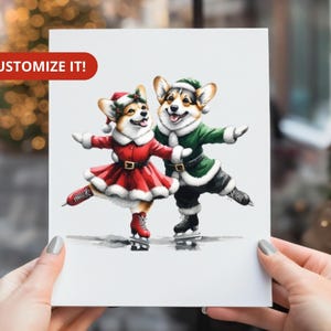 Custom Corgi Holiday Cards Cute Ice Skating Dogs Christmas Card Set Funny Stationery Personalized Notecard for Corgi Lovers Benefits Rescue