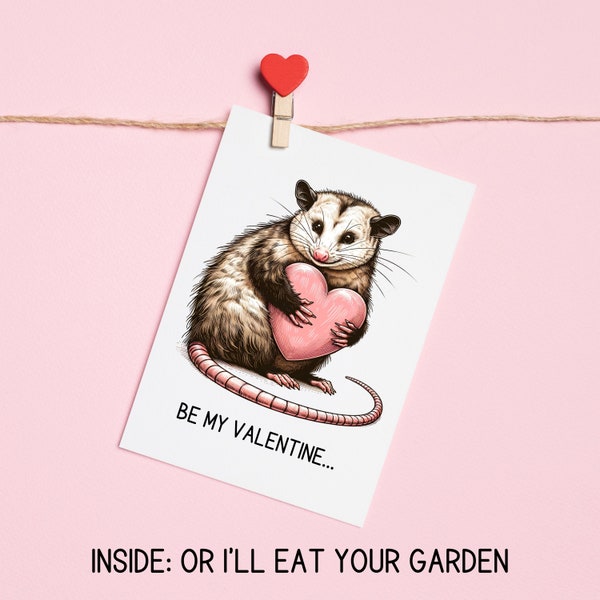 Possum Valentine Card, Cute Opossum Card, Funny Valentine’s Day Card for Possum Lovers, Card for Gardeners