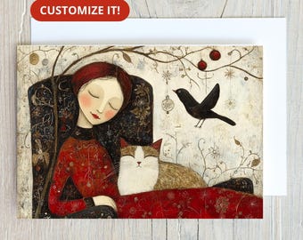 Charming Woman and Cat Christmas Card Set, Whimsical Holiday Stationery, Cat and Bird Cards, Benefiting Nonprofit Rescue for Animal Lovers