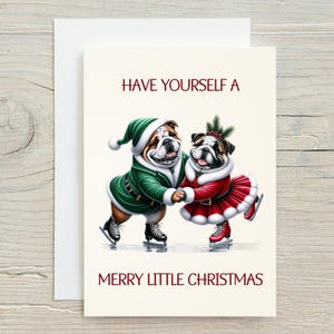 Tarjeta navideña con bulldog inglés, adorables perros patinadores sobre hielo, tarjetas navideñas individuales o en juegos, papelería divertida, beneficios para los amantes de los bulldogs, rescate
