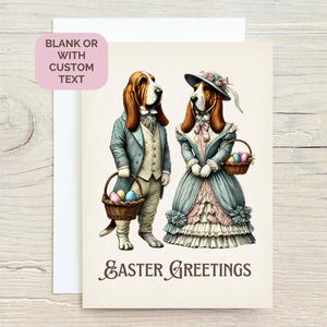 Biglietto di auguri di Pasqua personalizzato per cani, simpatico Basset Hound in abiti vittoriani con uova di Pasqua in un cestino, testo personalizzato o biglietto vuoto