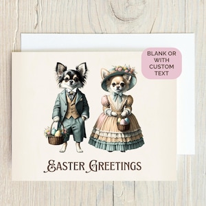 Biglietto di auguri di Pasqua personalizzato Simpatico cane chihuahua in abiti vittoriani con uova di Pasqua in un cestino Testo personalizzato o biglietto vuoto