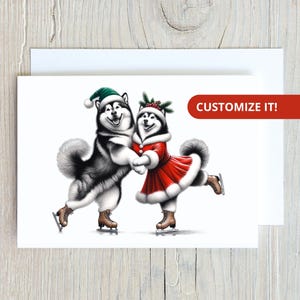 Biglietti di auguri natalizi personalizzati con Alaskan Malamute, simpatici cani pattinatori sul ghiaccio, set di biglietti di auguri per le feste, cancelleria divertente o biglietto per gli amanti dei cani, benefici per il soccorso