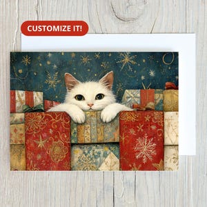 Cute White Cat Christmas Card Set Holiday Cat Painting Stationery Benefiting Nonprofit Rescue for Animal Lovers