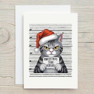 Divertente set di biglietti di auguri natalizi con gatto scontroso, stravagante cancelleria natalizia con foto segnaletica di Babbo Natale con gatto scontroso, killer dell'albero di Natale, benefici per organizzazioni non profit
