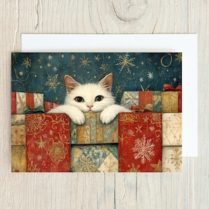 Schattige witte kat kerstkaartset vakantie kat schilderij briefpapier ten behoeve van non-profit redding voor dierenliefhebbers