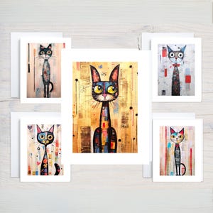 Funny & Whimsical Art Cat Note Cards, Unique Cute Cat Stationery, Greeting Card Pack of Five, Benefits Nonprofit Rescue