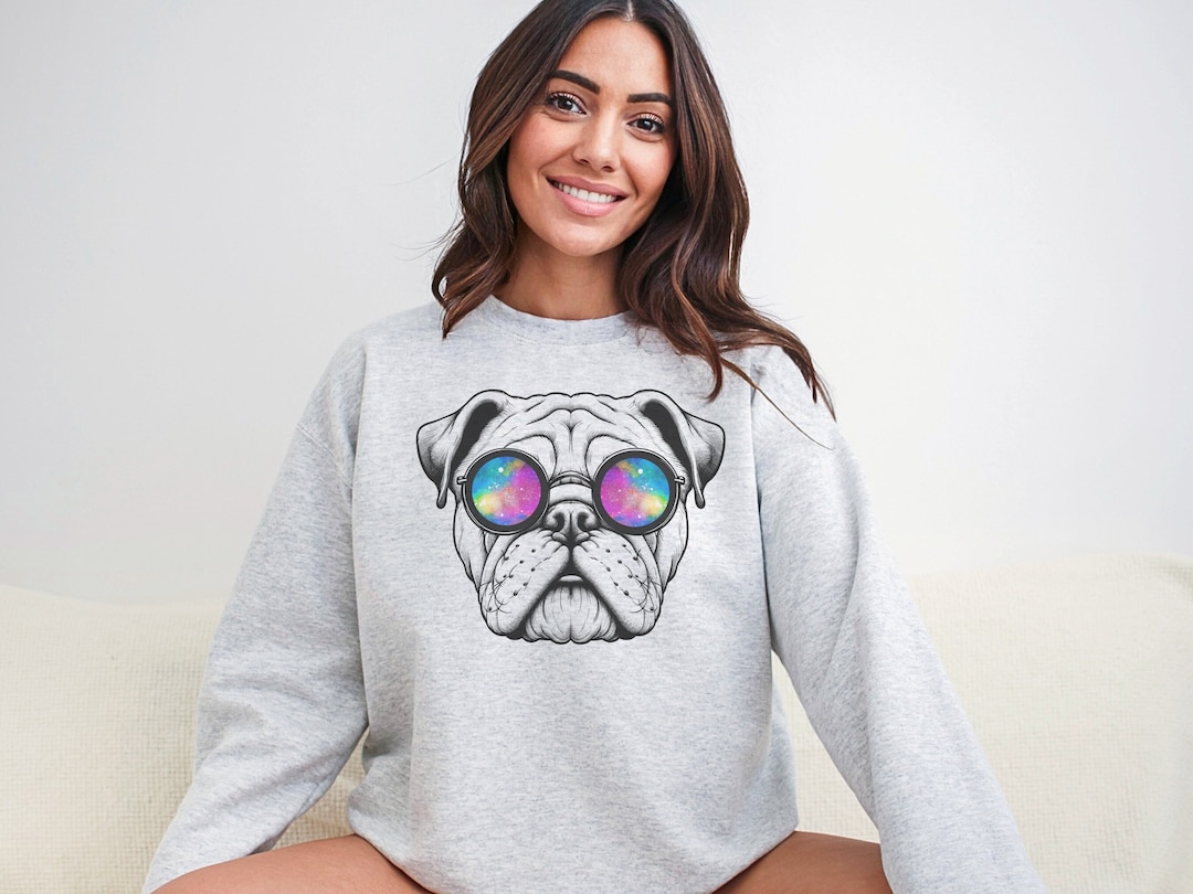 English Bulldog Shirt, Groovy Celestial Sunglasses Reflecting Space