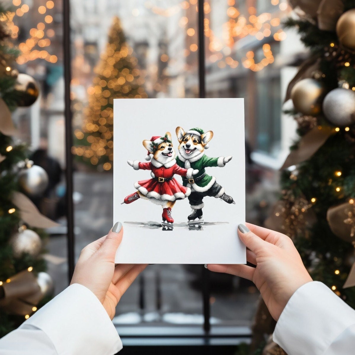 Dog Ice Rink Sign Christmas Cards, Holiday Card Set for Corgi Lovers, Cute Dogs Ice ...