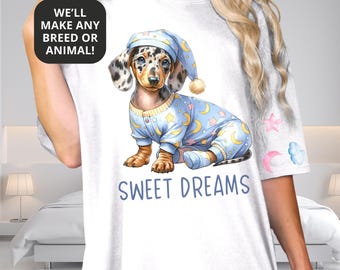 Camisola de dormir feminina estilo Dachshund com um cachorrinho fofo, camisa de dormir para meninas, camisola com pijamas Sweet Dreams com Dapple Doxie
