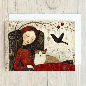 Charmante Frau und Katze Weihnachtskarten-Set, wunderliche Feiertags-Briefpapierwaren, Katzen- und Vogelkarten, die gemeinnützige Rettung für Tierliebhaber fördern
