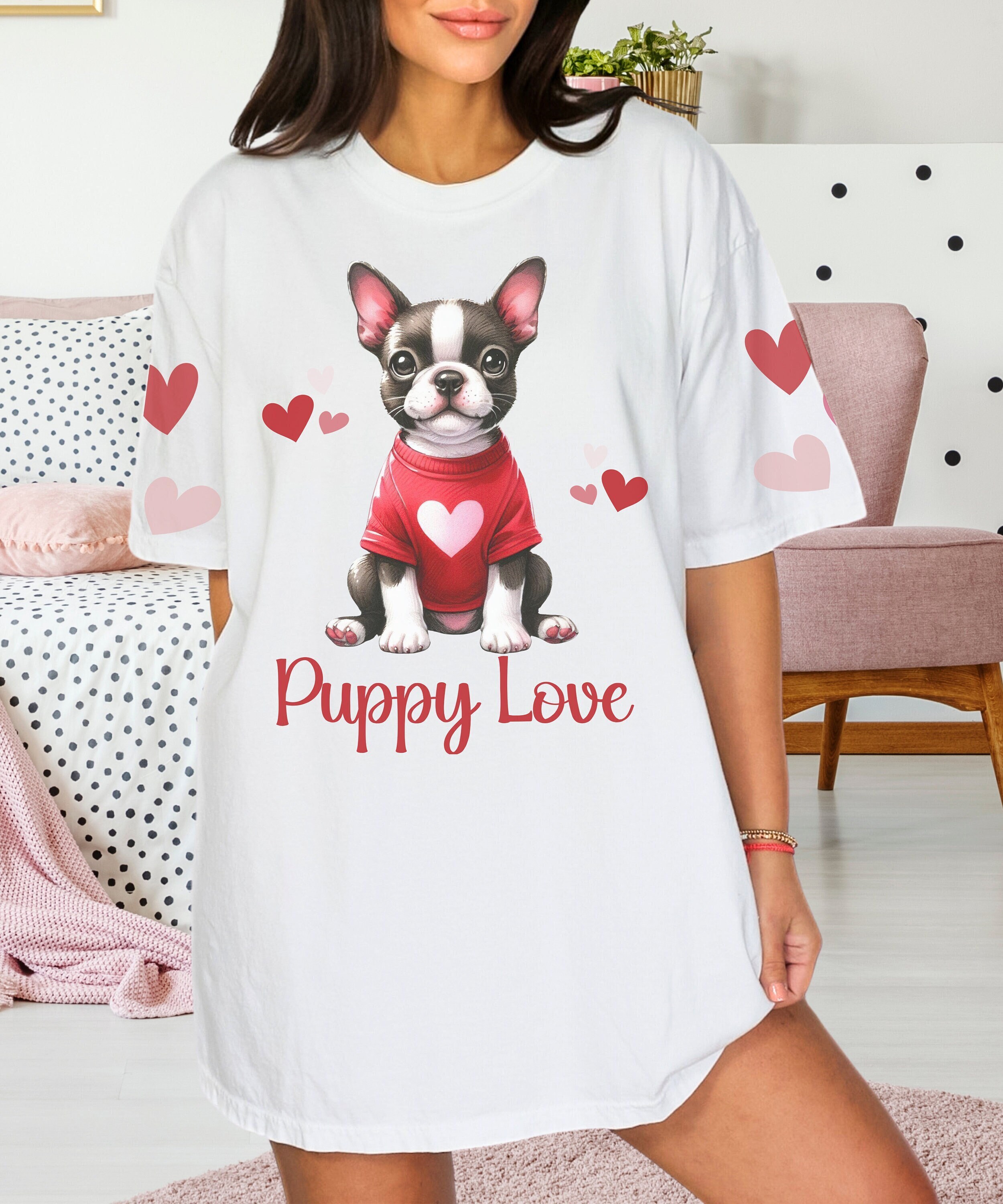 Boston Terrier Sleepshirt, Puppy Love Nightshirt, Valentine Gift for Dog Mom Girlfriend, Cute Nightgown, Galentine PJs, Boston Terrier Shirt