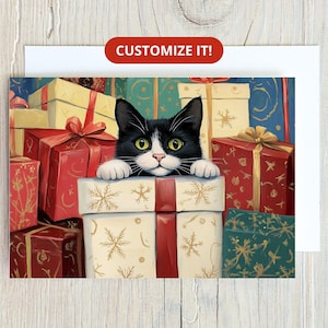 Personalized Tuxedo Cat Holiday Card Set Cute  Black and White Custom Cat Christmas Greeting Cards Blank Notecard Stationery Original Art