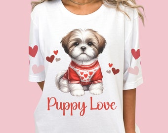 Shih Tzu Sleepshirt, Puppy Love Nightshirt, Valentine Gift for Dog Mom, Cute Nightgown, Galentine&#39;s Shirt, Dog PJs, Tibetan Lion Dog