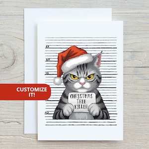 Jeu de cartes de vœux drôles de chat grincheux, papeterie de Noël fantaisiste avec photo du père Noël grincheux, tueur d'arbres de Noël, associations caritatives