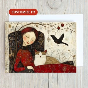 Personalisierte Frau mit Katze Weihnachtskarten Set Benutzerdefinierte Weihnachtsgrußkarten Blank Notecard Briefpapier Originalkunst Nutzen Rettung