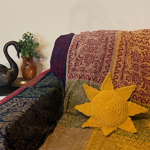 Crochet sun pillow. handmade hippie, witchy, whimsigoth decor.