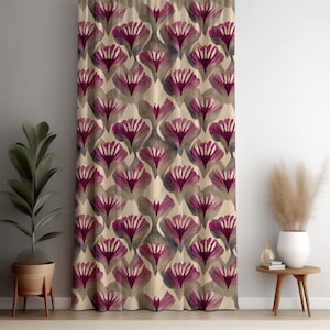 Beige Floral Blackout Curtain with Modern Purple Botanical Print for Living Room, Bedroom Window Drapery Panel, Home Decor, Window Treatment