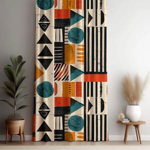 Modern Abstract Geometric Pattern Curtain Panel, Bold Retro Mid Century Shapes for Living Room, Bedroom Window Drapery Decor, Home Decor