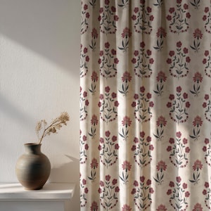 Cream Red Floral Block Print Curtain, Botanical Cottagecore Window Panel