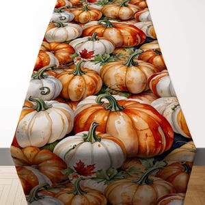 Watercolor Pumpkin Table Runner, Orange White Pumpkin Fall Decor, Thanksgiving Table Linen, Rustic Farmhouse Dining Runner, Fall Home Decor