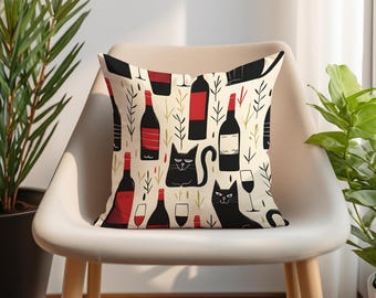 Funda de cojín con estampado de gato y vino: Decoración para el hogar hecha a mano
