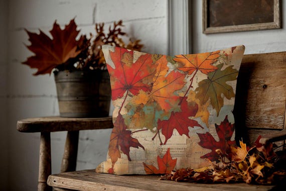Rustic Farmhouse Fall Pillow Cover, Vintage Autumn Leaf Print