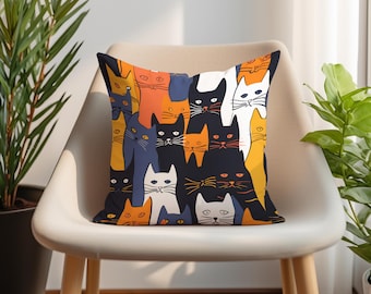 Colorful Cat Pattern Throw Pillow Cover, Modern Home Decor