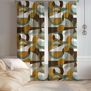 Retro Geometric Curtain Panel, Mid Century Modern Abstract Window Drapes, Colorful Living Room Curtain, Vintage Style Window Treatment