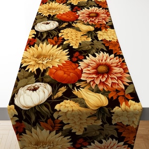 Camino de mesa con flores otoñales, decoración rústica para la mesa de Acción de Gracias, elegante mantelería con dalias y peonías, decoración rústica para comedor en negro.