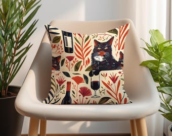 Funda de cojín con estampado de gato y vino: Decoración para el hogar hecha a mano
