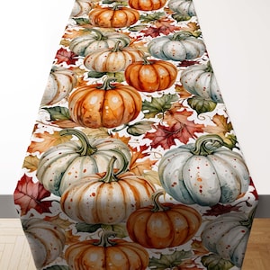 Watercolor Pumpkin Table Runner, Fall Table Decor With Orange Blue Pumpkins, Thanksgiving Autumn Table Linen, Pumpkin Season Home Decor