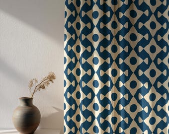 Panel de cortina geométrico azul, cortinas modernas de mediados de siglo