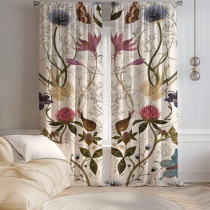 Botanical Floral Curtain Panels, Vintage Flower Print Drapes, Nature Inspired Window Treatment, Cottagecore Room Decor, Modern Curtain Panel