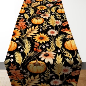 Camino de mesa rústico de calabaza, decoración de mesa con flores de otoño y trigo, mantelería negra para Acción de Gracias, acento de comedor estilo granja bohemio.