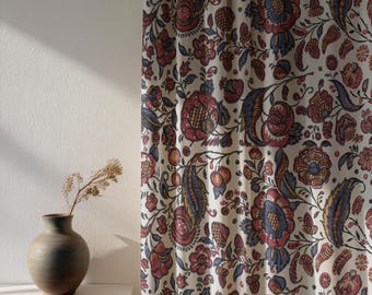 Boho Paisley Floral Curtain Panel, Burgundy Navy Folk Art Drapes