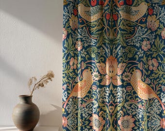 Tenda "Ladro di fragole" di William Morris, stampa floreale con uccelli blu navy, decorazione Arts & Crafts