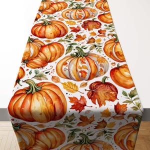 Watercolor Pumpkin Table Runner, Fall Leaves Autumn Table Decor, Orange Pumpkin Thanksgiving Table Linen, Rustic Farmhouse Dining Accent