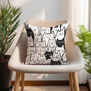 Black White Cat Pattern Throw Pillow Cover , Cat Lover Pillowcase, Cute Decorative Couch Pillow, Cute Cushion Cover, Modern Home Decor
