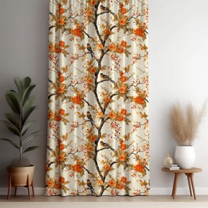 Bird Floral Curtain Panel, Light Background Chinoiserie Drapes, Orange Blossom Botanical Curtain, Elegant Nature Window Treatment