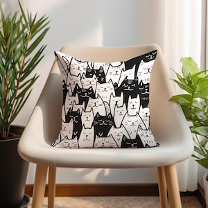 Black White Cat Pattern Throw Pillow Cover , Cat Lover Pillowcase, Cute Decorative Couch Pillow, Cute Cushion Cover, Modern Home Decor