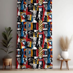 Abstract Faces Modern Art African Inspired Colorful Curtain Panel, Bold Graphic Design for Living Room, Bedroom Window Decor, Abstract Decor