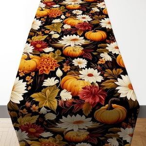 Floral Pumpkin Table Runner, Rustic Thanksgiving Table Decor, Fall Flowers And Pumpkin Table Linen, Autumn Farmhouse Dining Runner