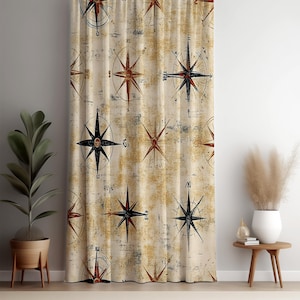 Cortina náutica vintage con diseño de brújula, diseño de mapa costero, decoración rústica marítima para sala de estar o dormitorio.