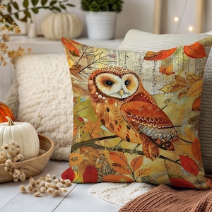 Autumn Owl Pillow Cover, Fall Forest Animal Cushion, Woodland Decor Throw Pillow, Cozy Nature Accent, Rustic Harvest Home Decor